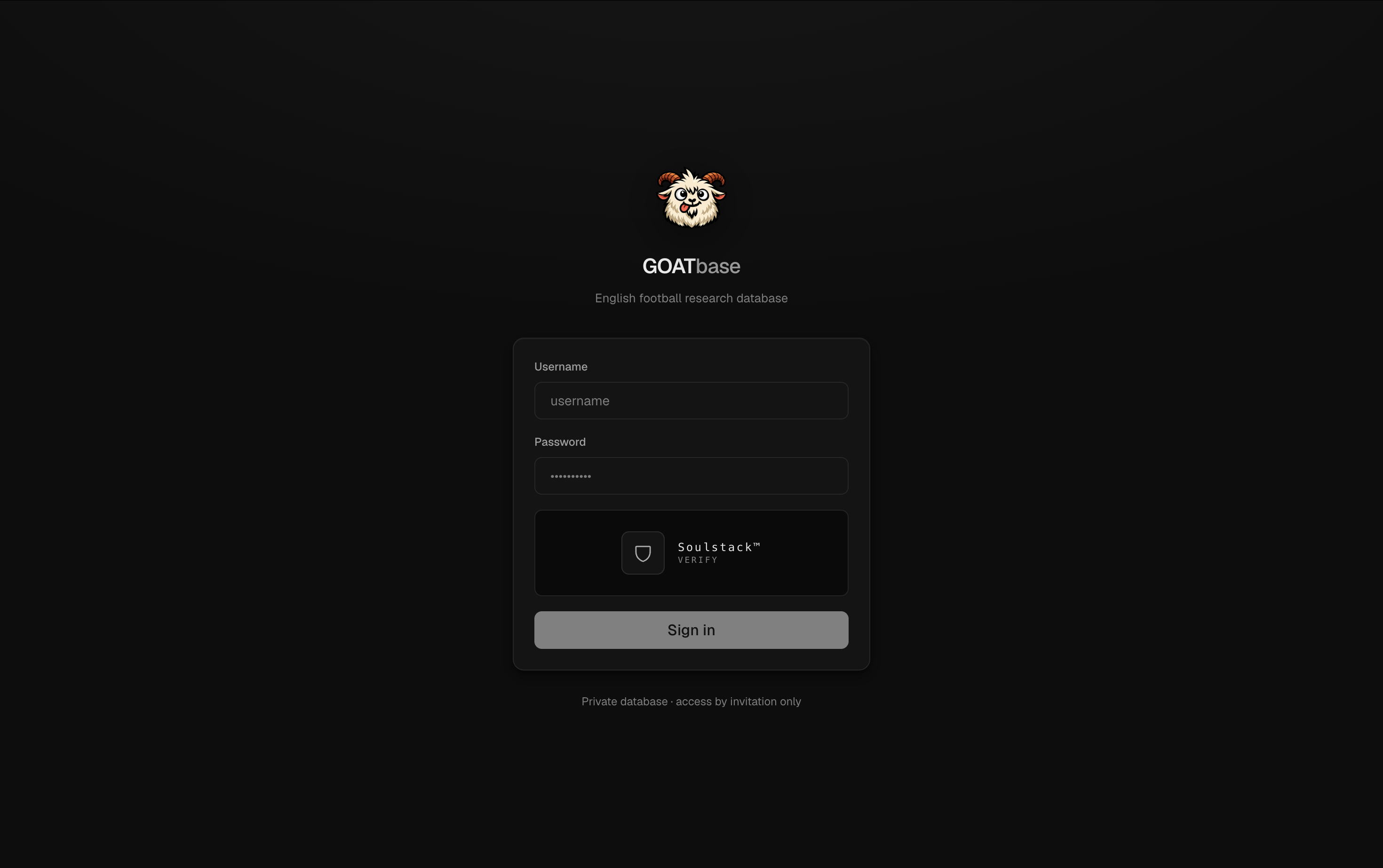 The GOATbase sign-in screen