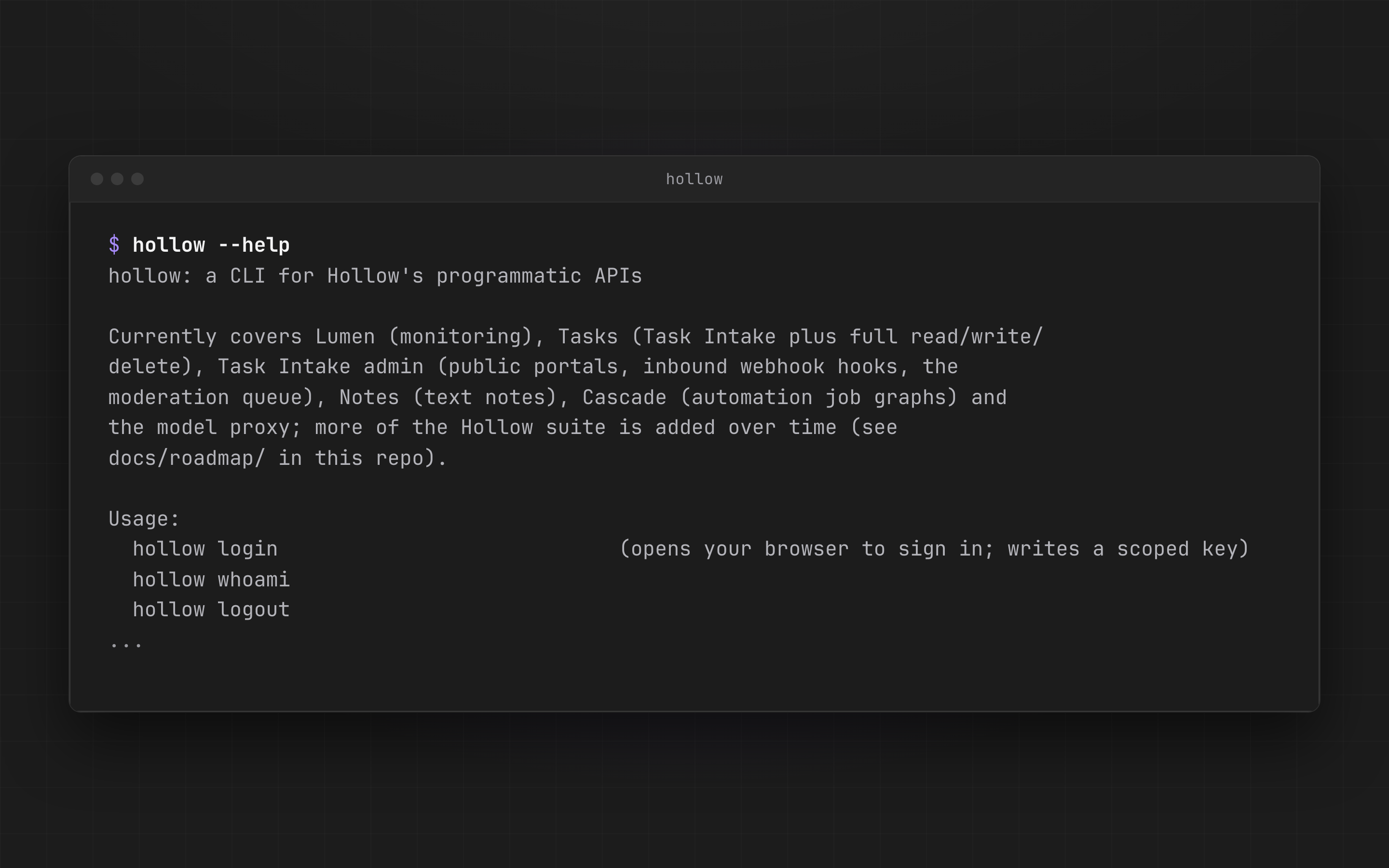 A terminal running hollow --help, showing the opening description of the Hollow command line tool and the first commands in its usage list.