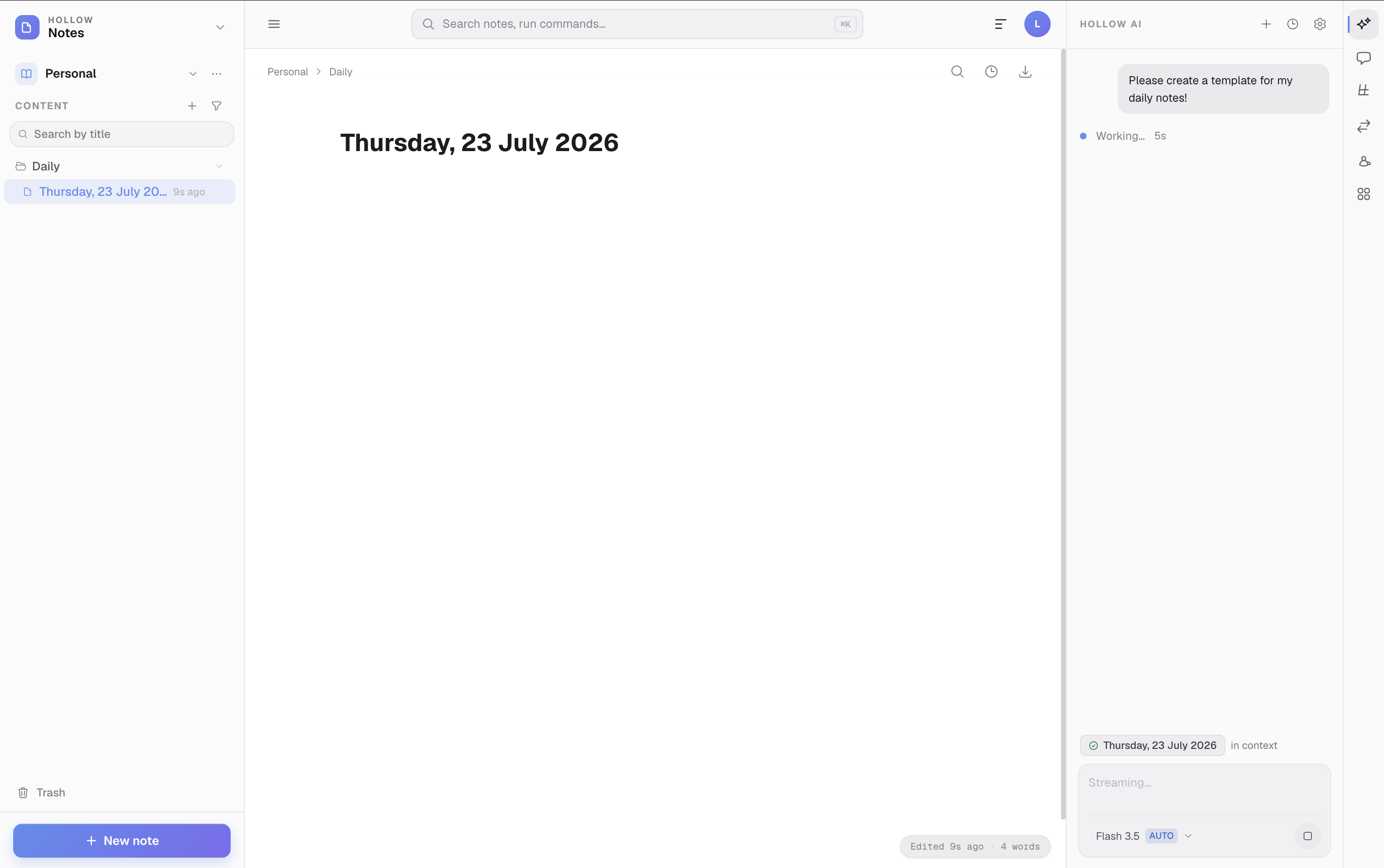 Hollow Notes with a daily note open beside the Hollow AI panel working on a template request