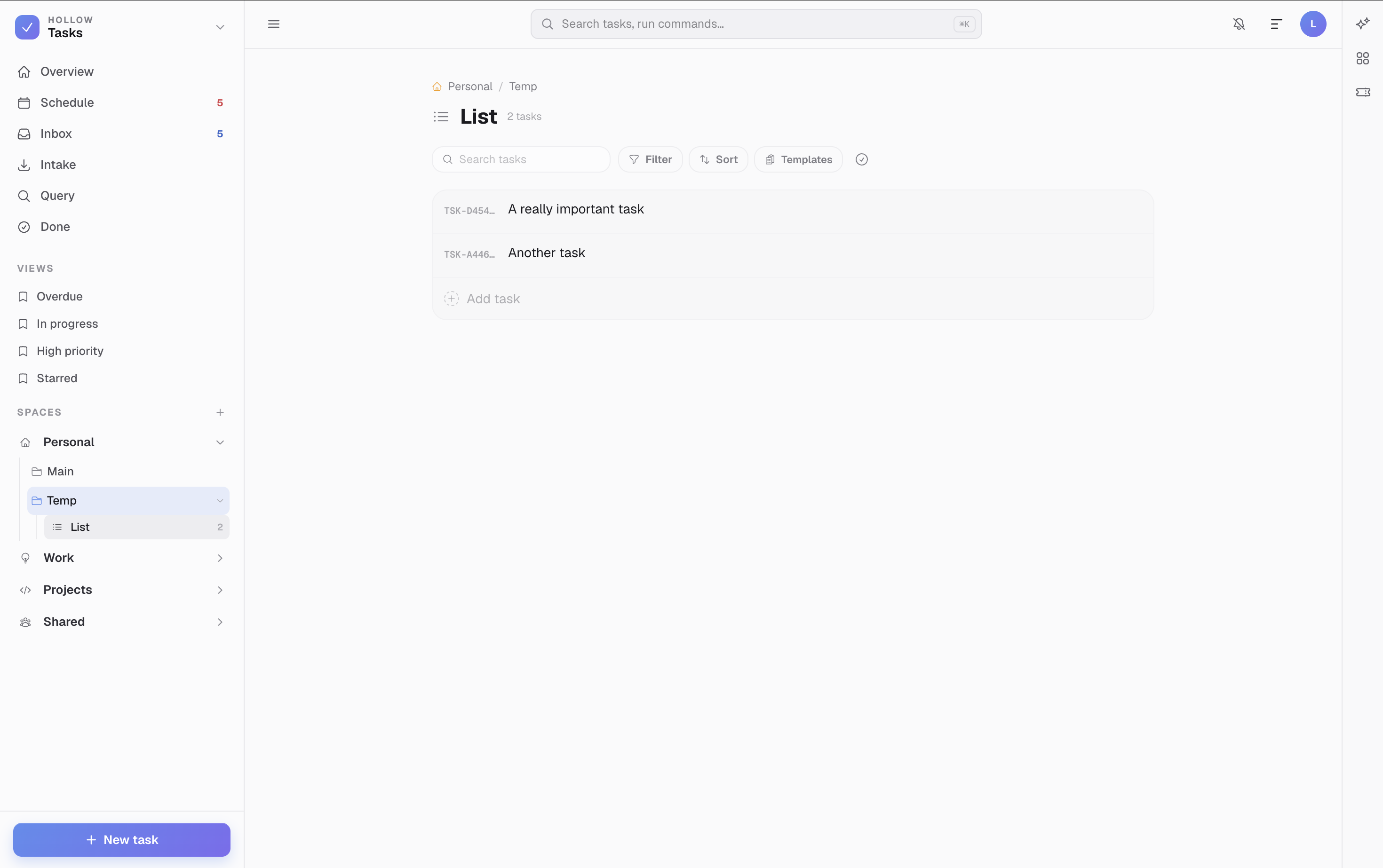 Tasks, a daily focus list with rollover