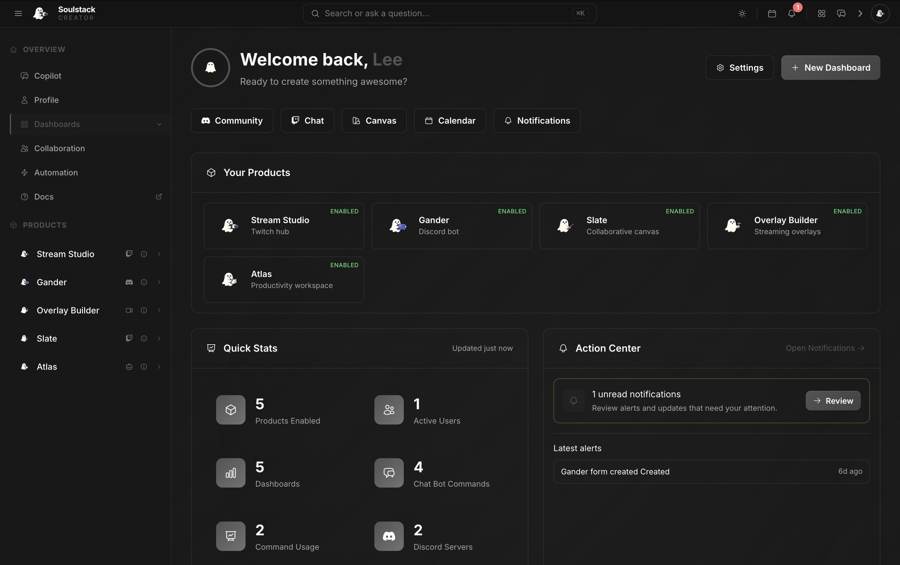 The Creator Console dashboard