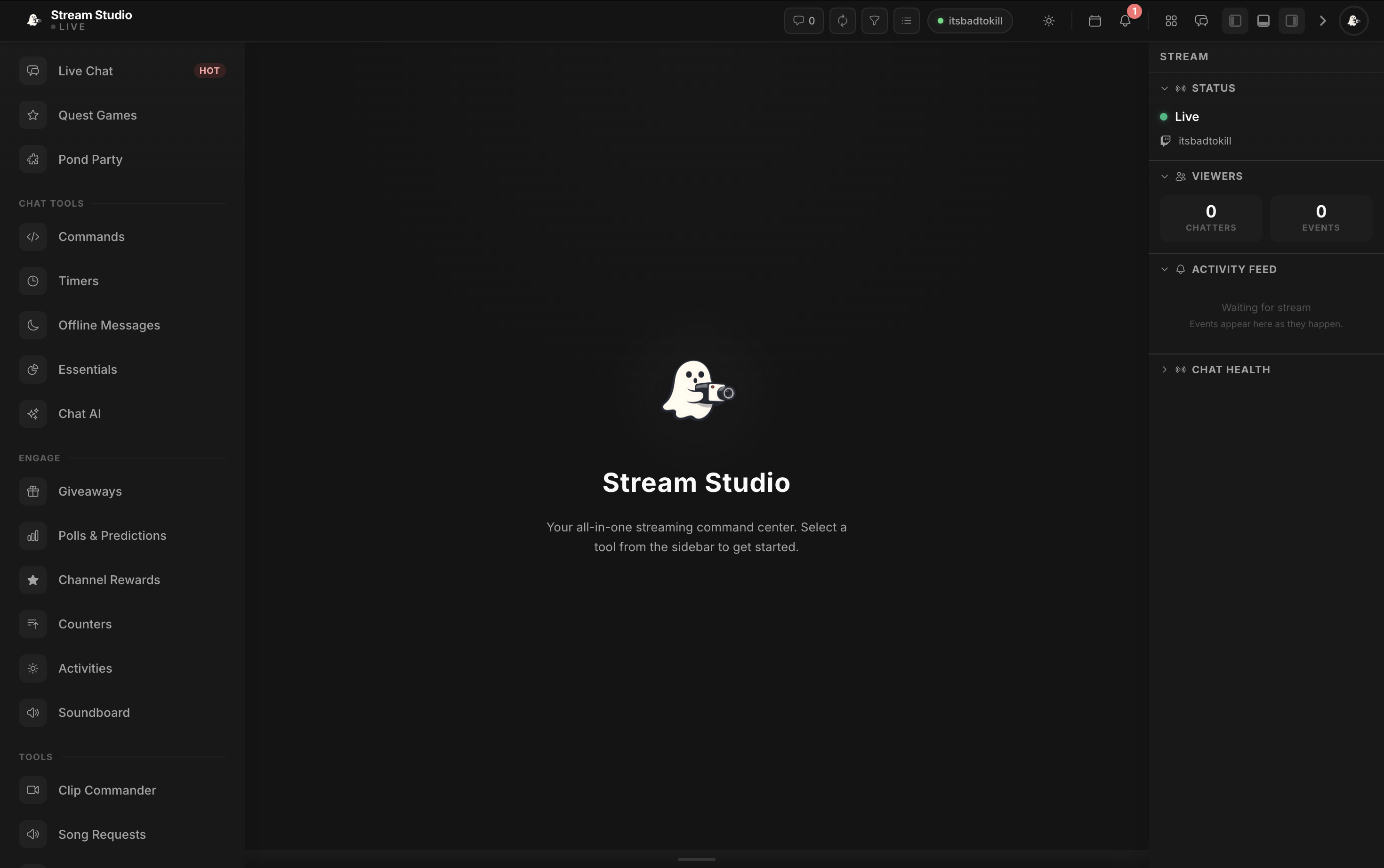 The Stream Studio command centre with live Twitch tools