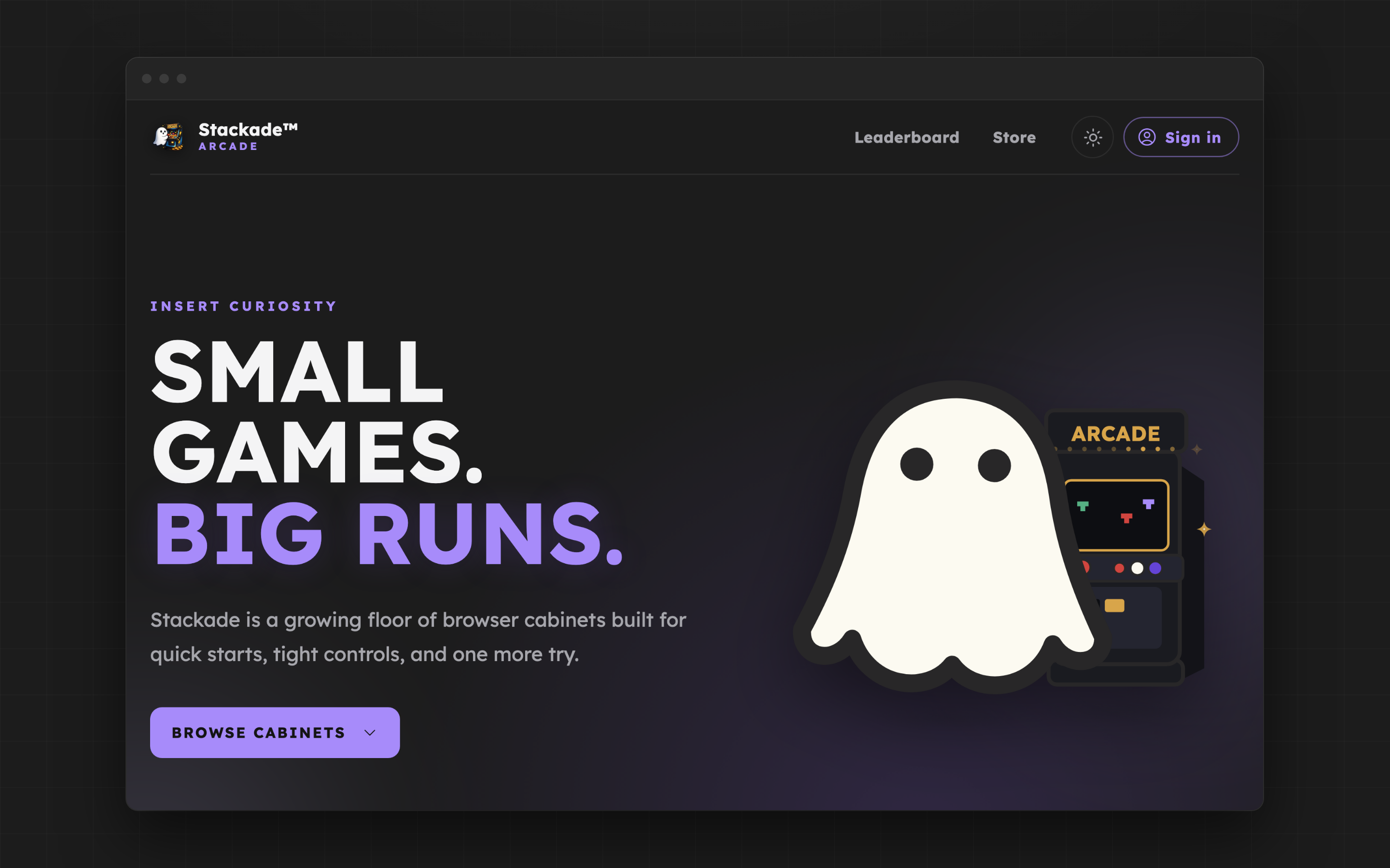 The Stackade portal home page with the headline Small games, big runs, and the ghost mascot beside an arcade cabinet.