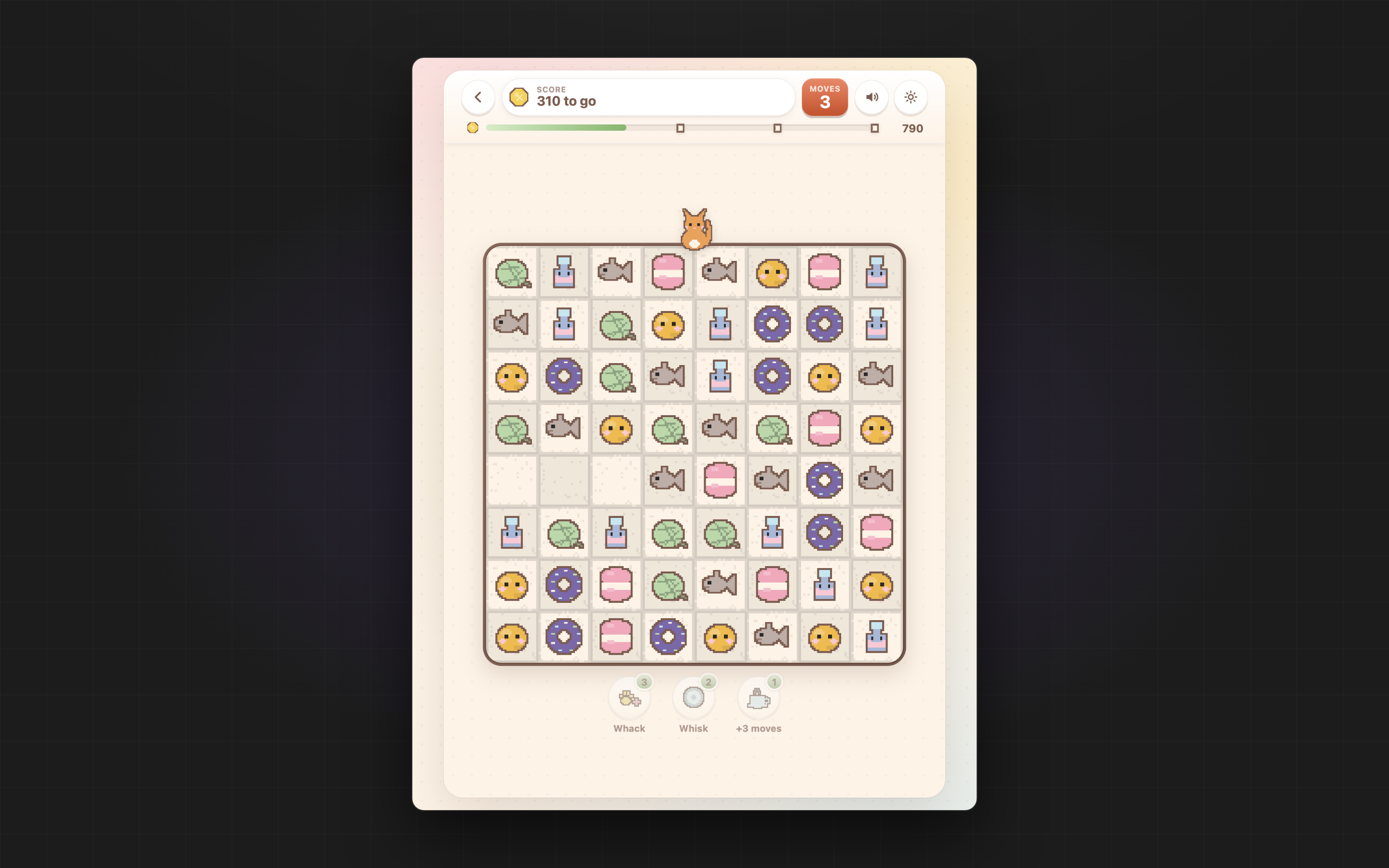 Mewsli late in a level after using Extra Tea: a new cascade falling, the score bar well filled and three moves left