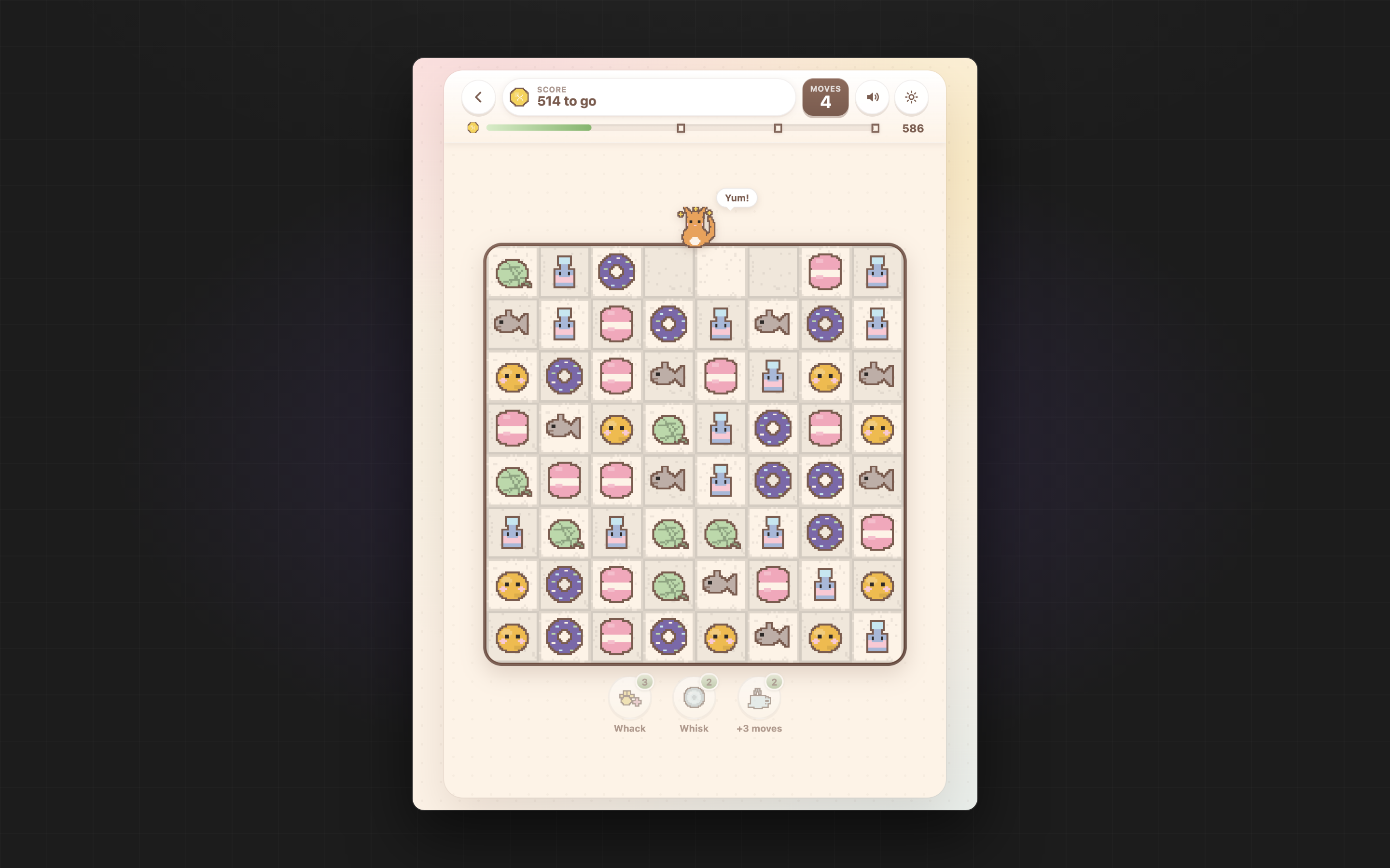 Mewsli match-three board mid-cascade: a cleared row of treats, the cat cheering Yum and a score bar filling with four moves left