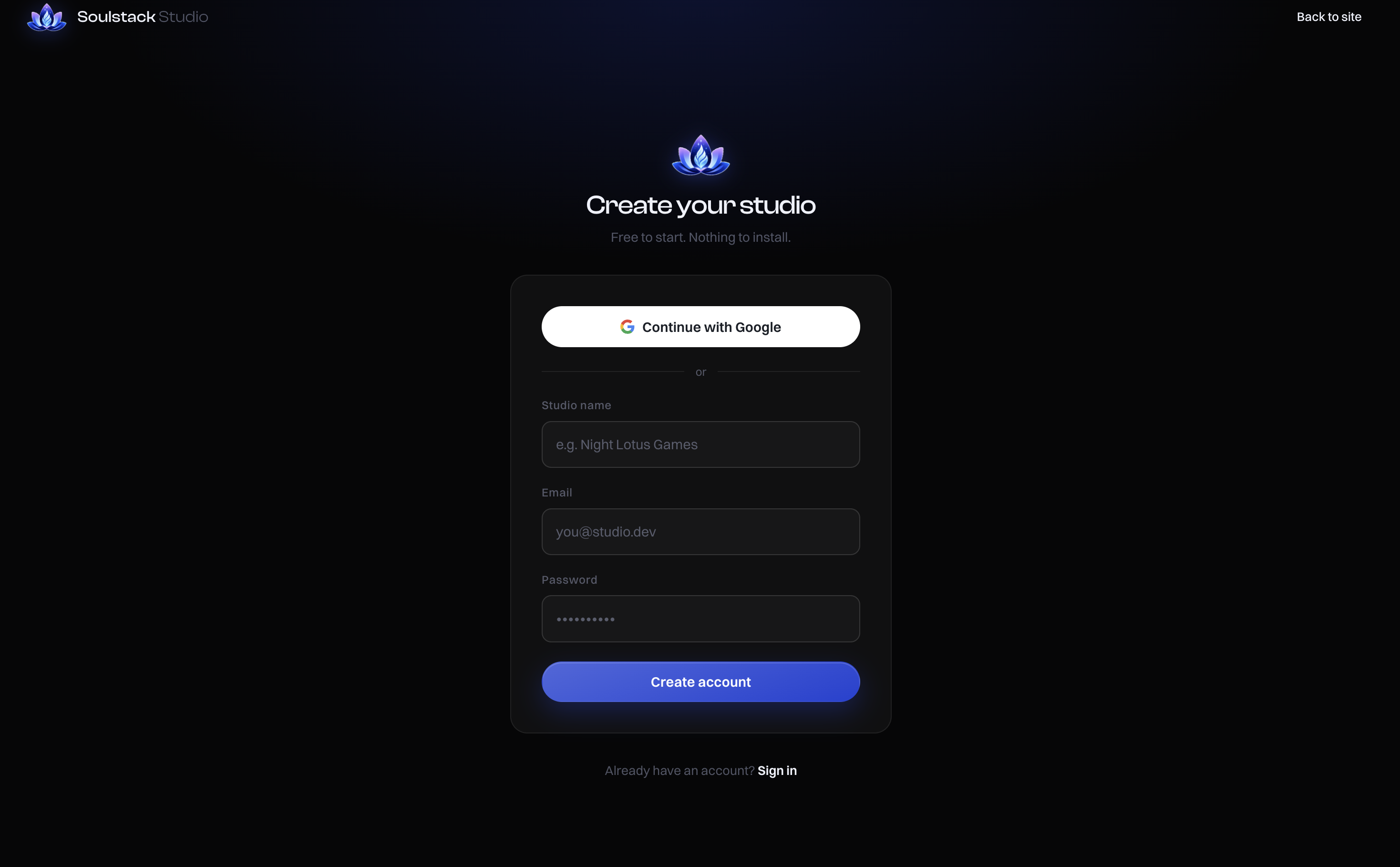 Creating a studio account in Soulstack Studio