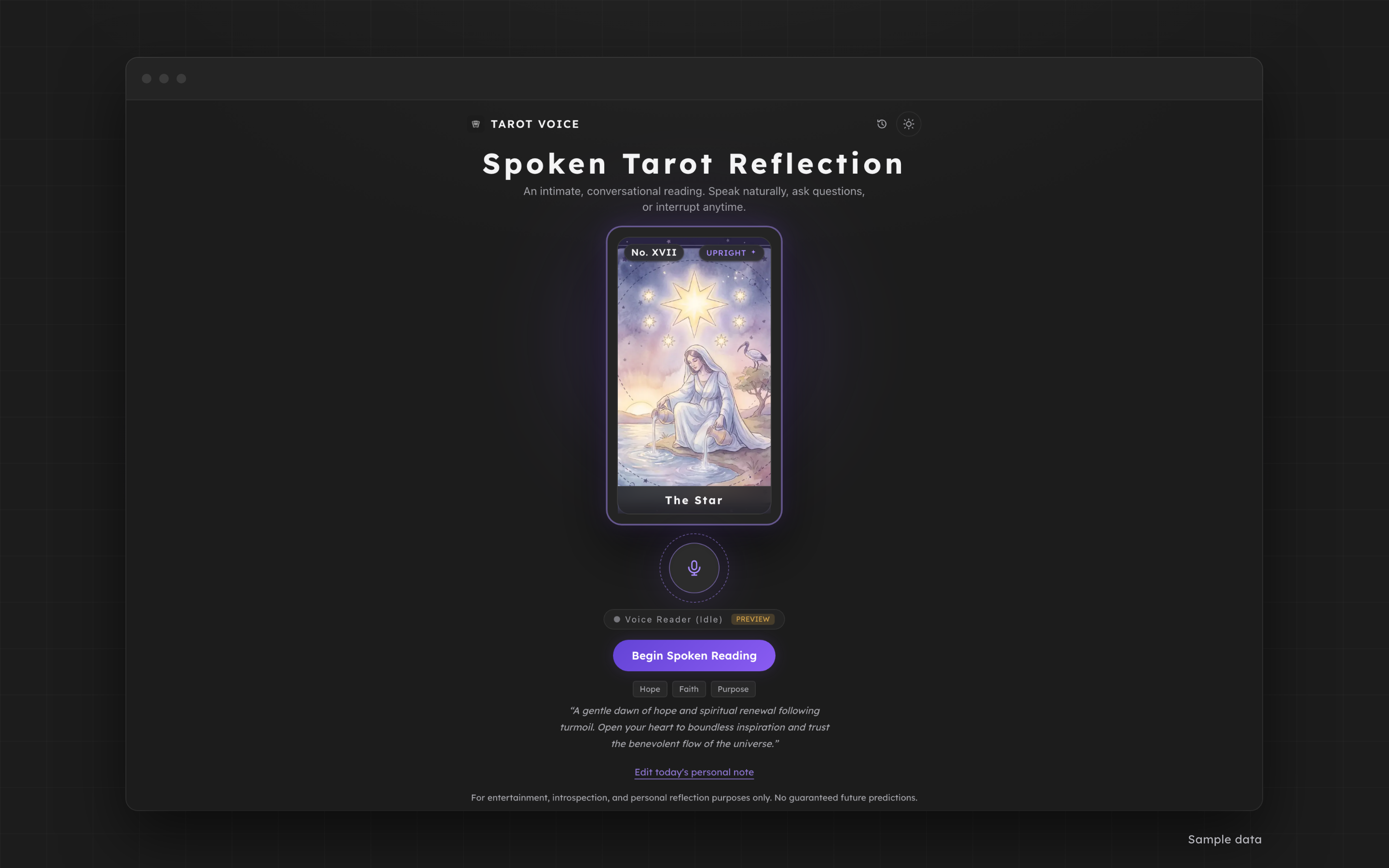 Tarot Voice showing The Star card, number XVII, upright, with its illustration and a microphone button under the heading.