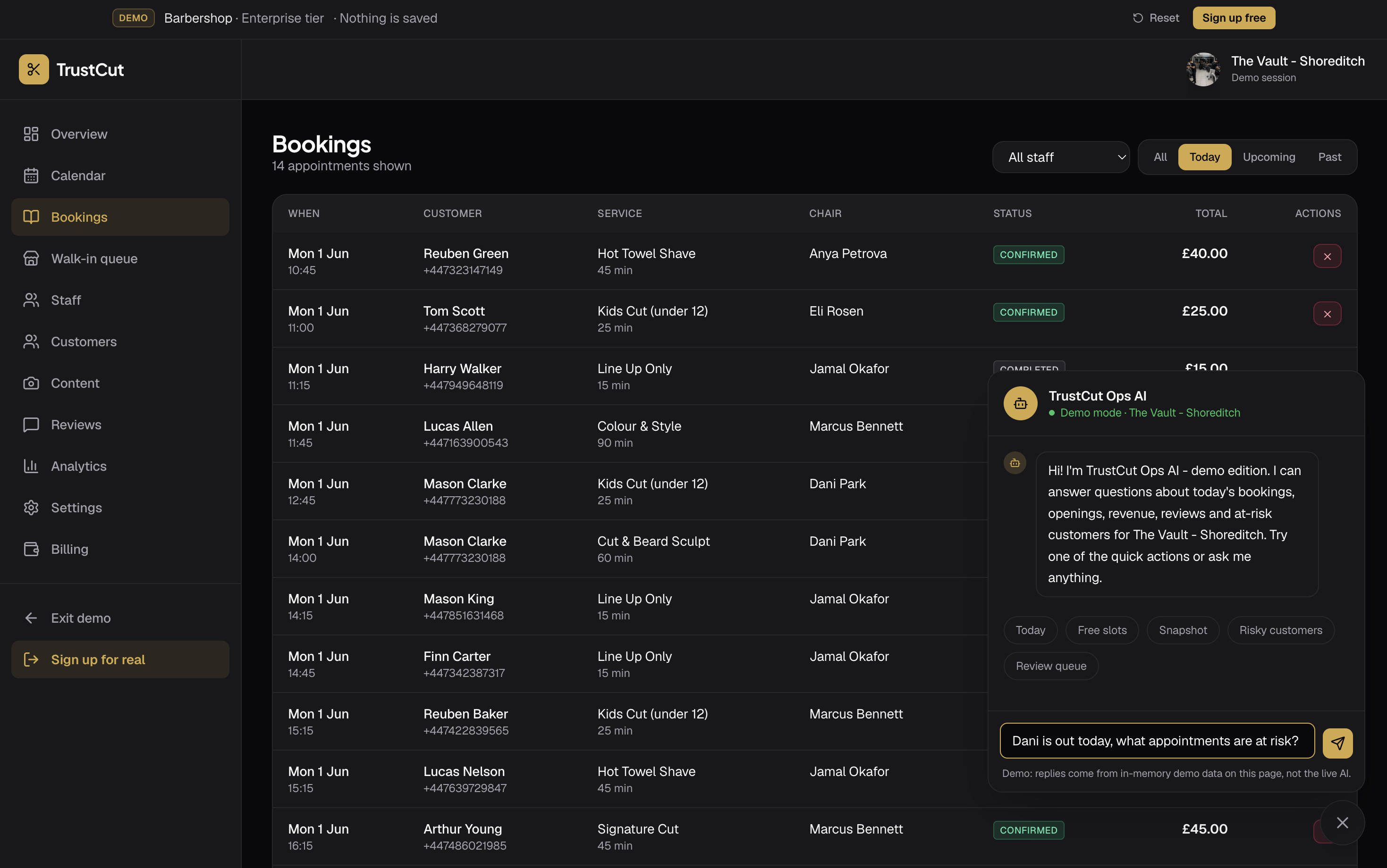Inbound bookings in the barber console