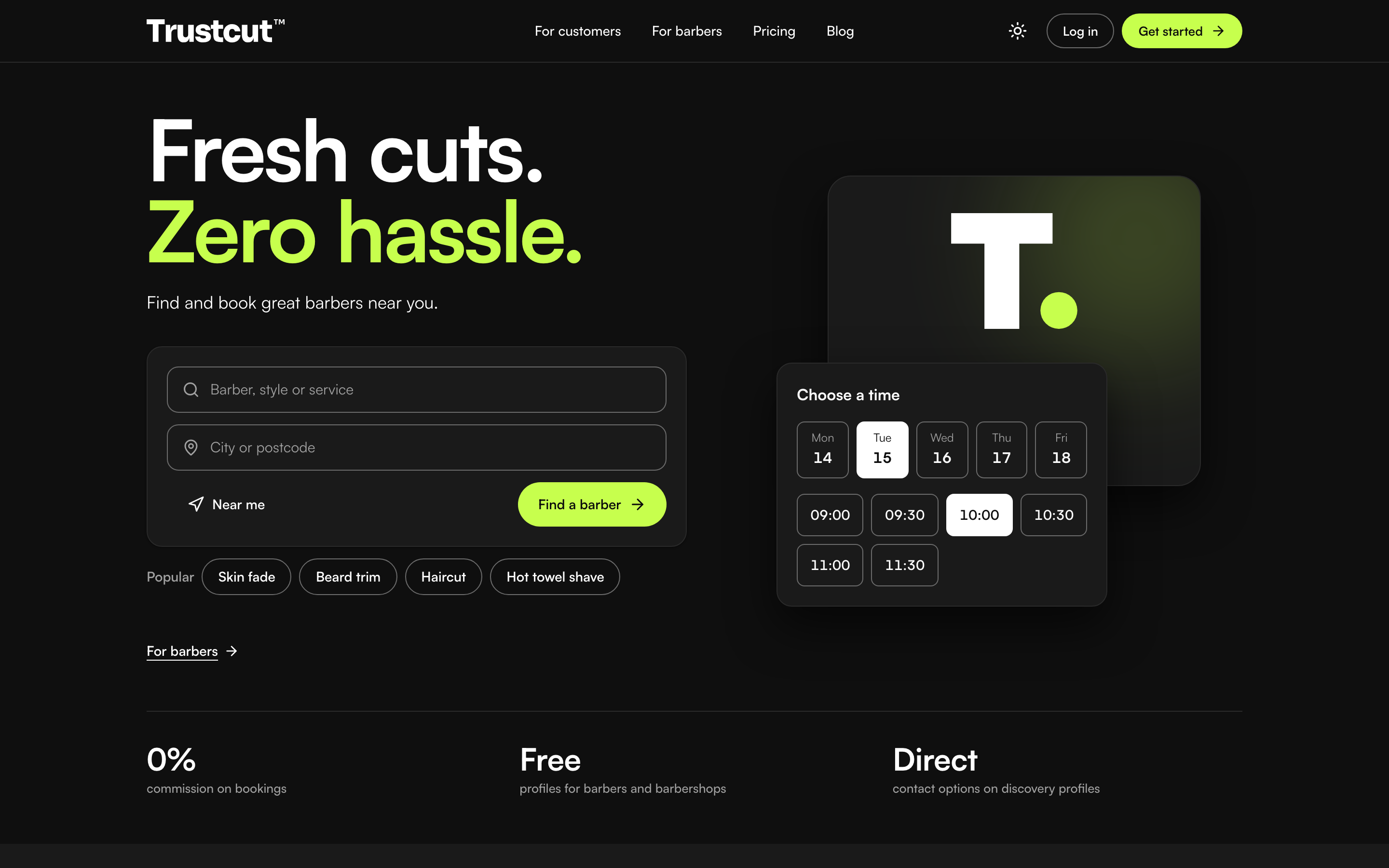 Trustcut home page with the headline Fresh cuts, zero hassle, a search for barbers by style, service and location, and a Choose a time panel
