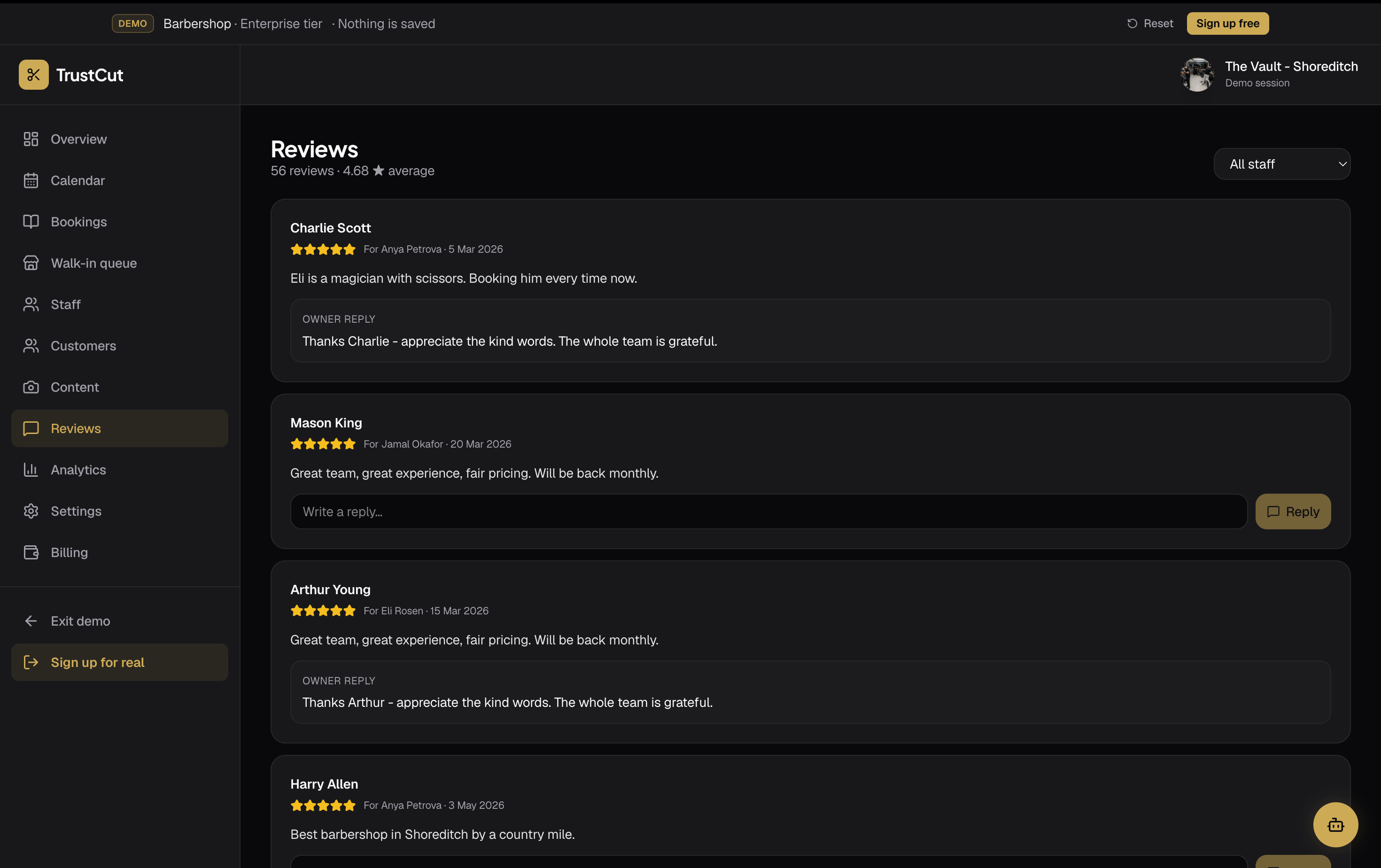 Client reviews for a barbershop