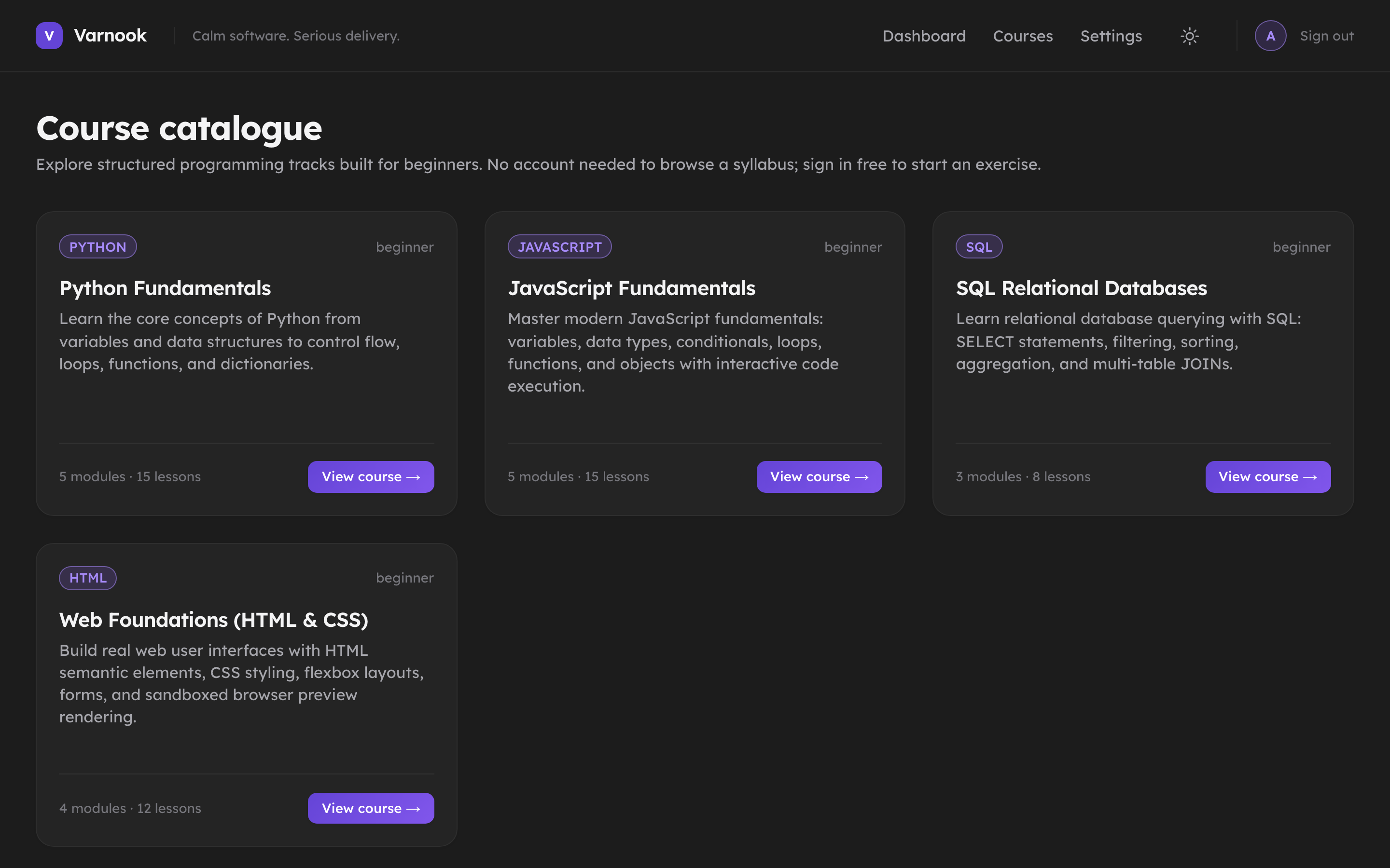 The Varnook course catalogue with cards for Python, JavaScript, SQL and web foundations, each with a level and lesson count.