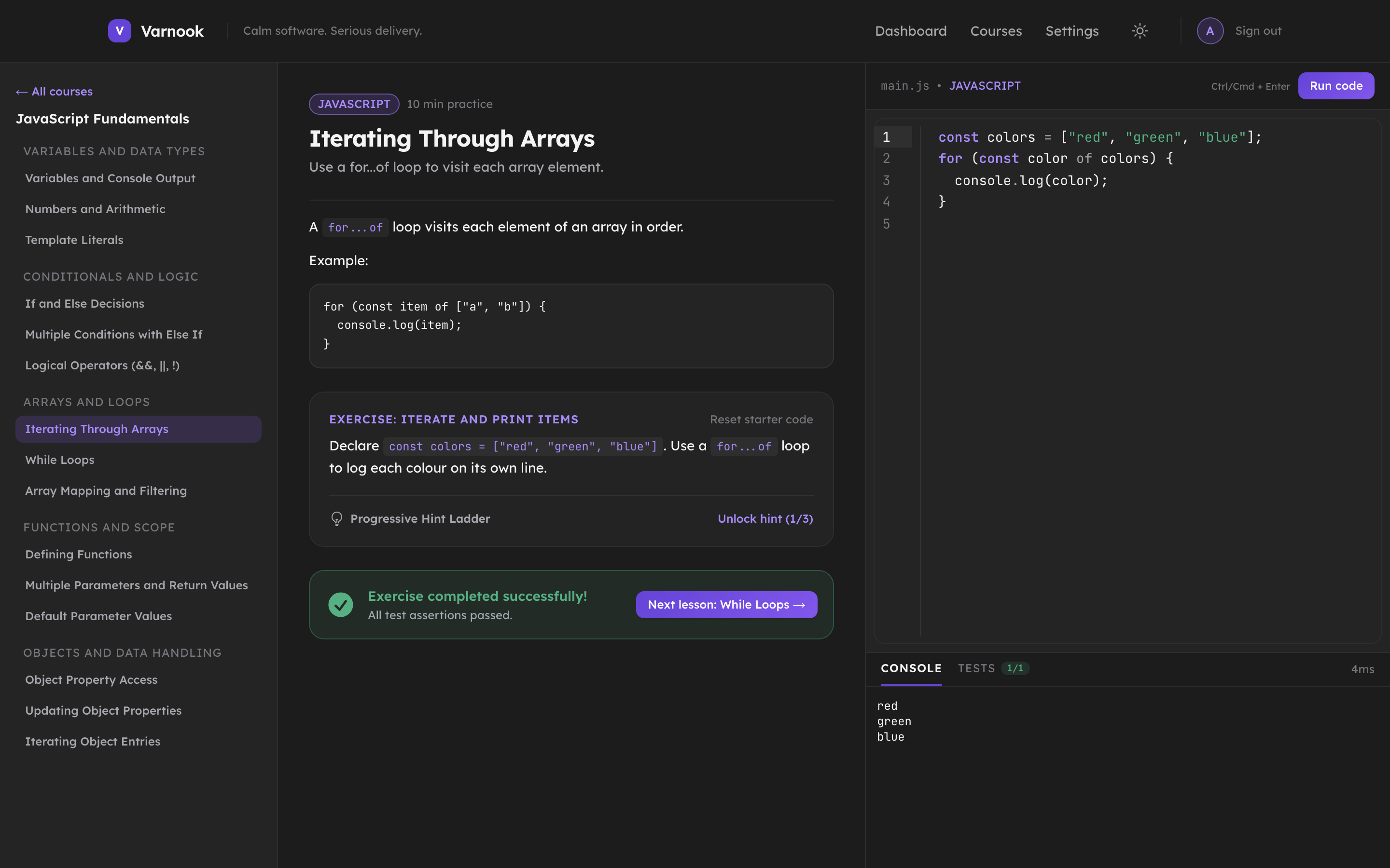 The Varnook lesson workspace on an array loop exercise, with instructions, code editor, console output and the test passing.