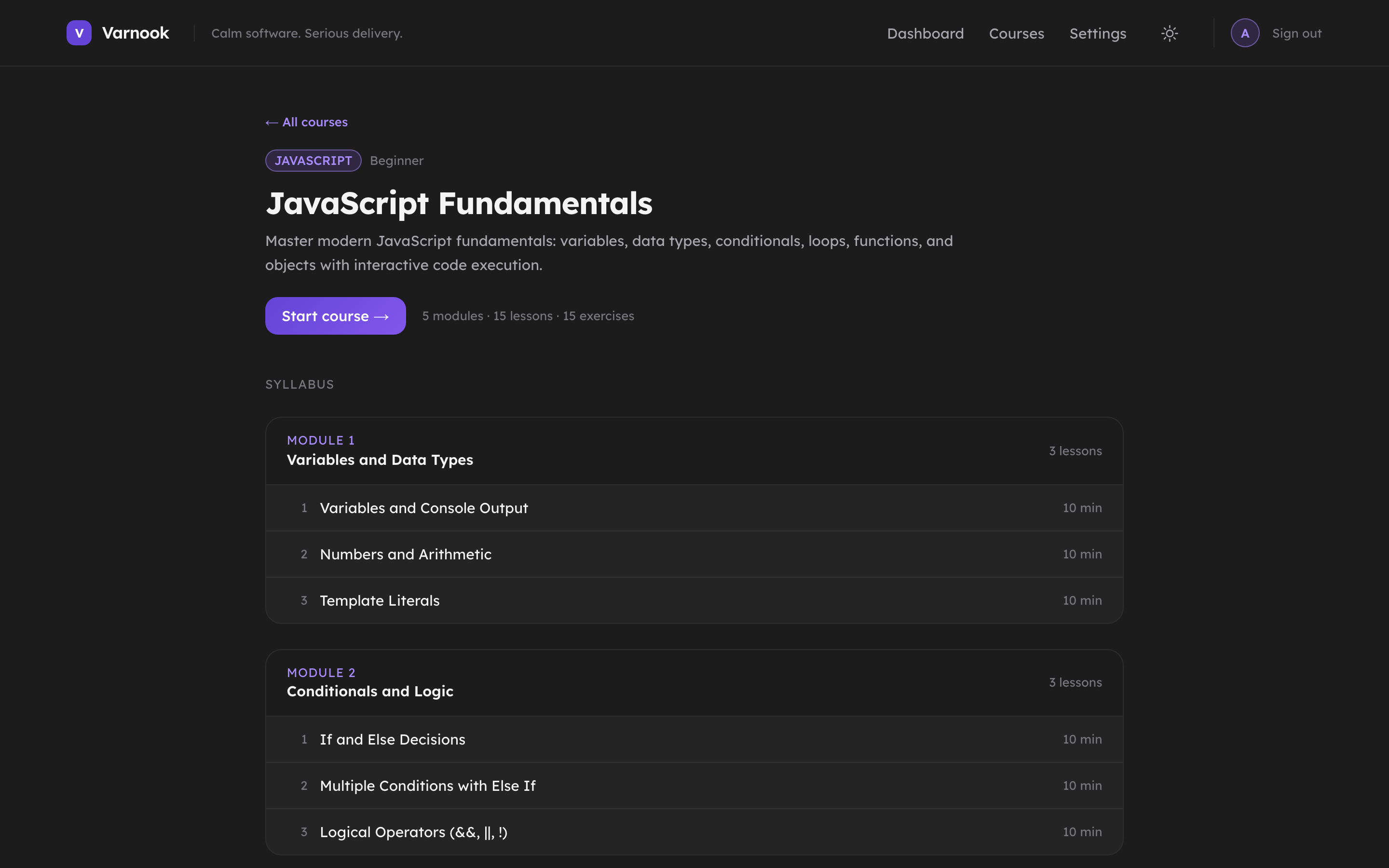 The JavaScript Fundamentals course page in Varnook with a start button and the first modules of the syllabus listed.